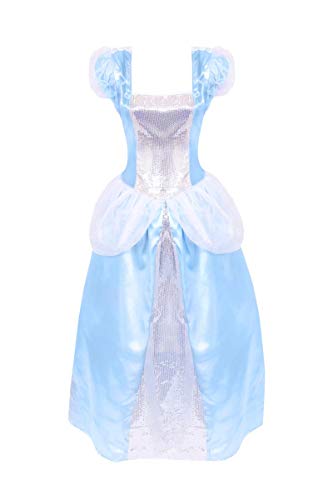 DISFRAZ DE CENICIENTA PARA MUJERES - VESTIDO DE SATÉN AZUL CON DETALLES DE LENTEJUELAS + POSTIZO DE CINTA AZUL - IDEAL PARA DISFRACES DE CUENTO DE HADAS Y LA SEMANA DEL LIBRO (EU 34-36)