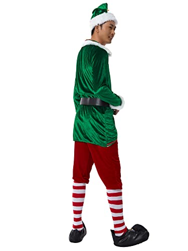 Disfraz de elfo de Navidad Deluxe Santa Traje Adulto Mujeres Hombres Disfraces Vestido Vacaciones Halloween Cosplay Set, Disfraz+calcetín, L