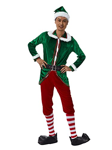 Disfraz de elfo de Navidad Deluxe Santa Traje Adulto Mujeres Hombres Disfraces Vestido Vacaciones Halloween Cosplay Set, Disfraz+calcetín, L