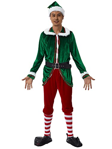 Disfraz de elfo de Navidad Deluxe Santa Traje Adulto Mujeres Hombres Disfraces Vestido Vacaciones Halloween Cosplay Set, Disfraz+calcetín, L