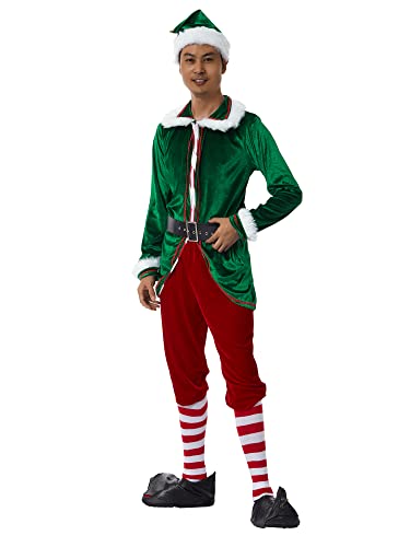 Disfraz de elfo de Navidad Deluxe Santa Traje Adulto Mujeres Hombres Disfraces Vestido Vacaciones Halloween Cosplay Set, Disfraz+calcetín, L