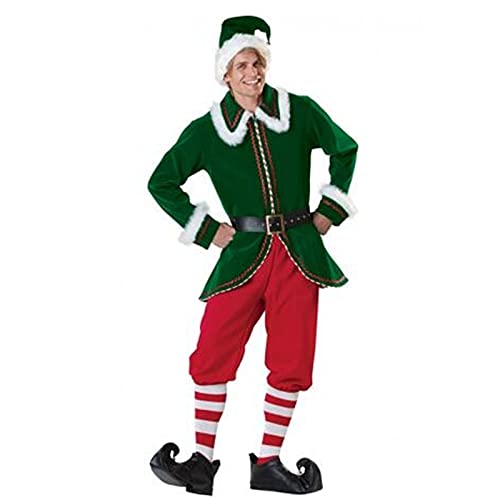 Disfraz de elfo de Navidad Deluxe Santa Traje Adulto Mujeres Hombres Disfraces Vestido Vacaciones Halloween Cosplay Set, Disfraz+calcetín, L