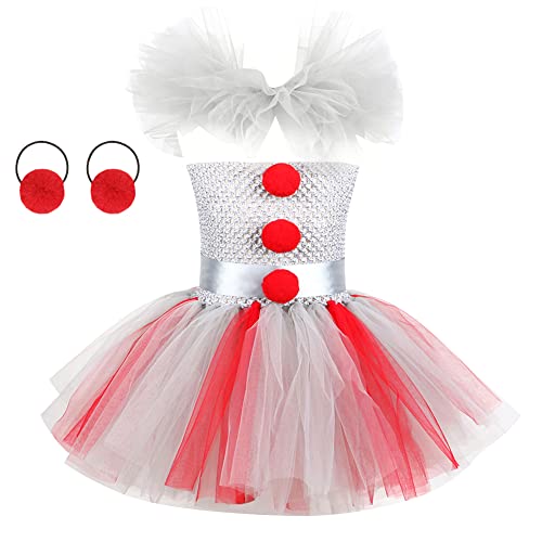 Disfraz de Payaso Pennywise sin Mangas Princesa Vestido Tutu en Tulle con Aro de Pelo Disfrace de Fiesta de Cumpleaños Cosplay Halloween Trajes de Noche Carnaval Navidad Ceremonia Rojo 8-9 Años