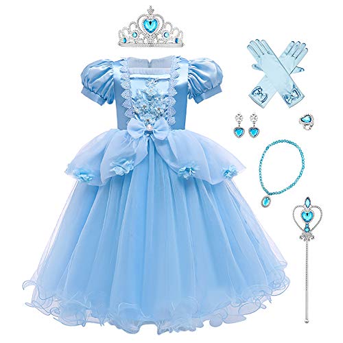 Disfraz de Princesa Cenicienta Niñas Carnaval Manga de Soplo Fiesta Vestido para Halloween Navidad Fiesta Ceremonia Aniversario Cosplay Costume Azul #1 3-4 Años