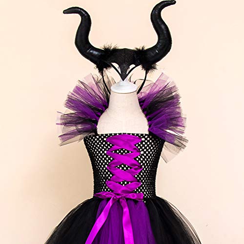 Disfraz de princesa maléfica para niñas, vestido de tul y de punto hecho a mano con cuernos y alas de bruja malvada para Halloween, Carnaval, cosplay o fiestas