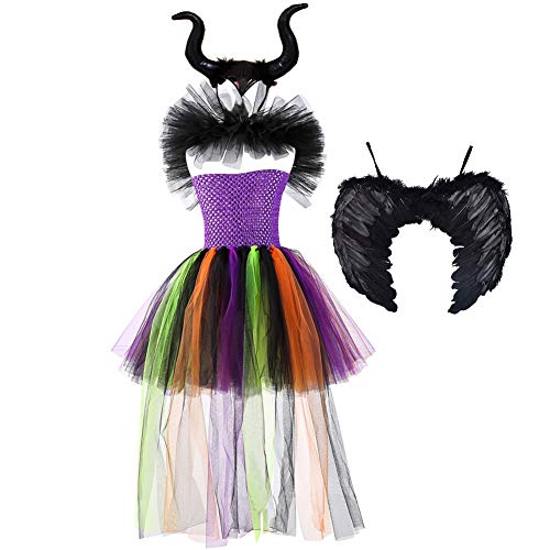 Disfraz Maléfica Niña Bruja Vampiresa Reina Malvada Maleficent Princesa Tutu Vestido+Diadema de Cuernos+Las de Angel Conjunto Halloween Carnaval Fiesta de Cosplay Disfraces Arcoíris 8-9 años