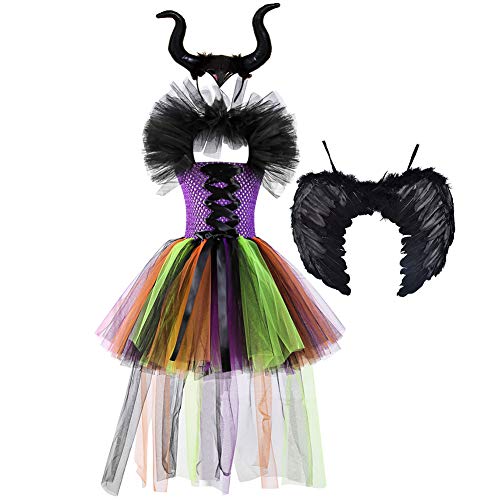 Disfraz Maléfica Niña Bruja Vampiresa Reina Malvada Maleficent Princesa Tutu Vestido+Diadema de Cuernos+Las de Angel Conjunto Halloween Carnaval Fiesta de Cosplay Disfraces Arcoíris 8-9 años