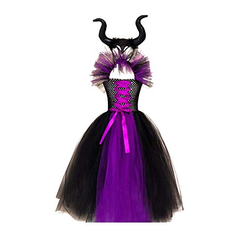 Disfraz maléfica para niña de princesa de fantasía malvada reina, vestido de tul hecho a mano con diadema de cuerno malvado bruja Halloween carnaval Cosplay fiesta