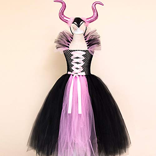 Disfraz maléfica para niña de princesa de fantasía malvada reina, vestido de tul hecho a mano con diadema de cuerno malvado bruja Halloween carnaval Cosplay fiesta, rosa, 4-5 Años