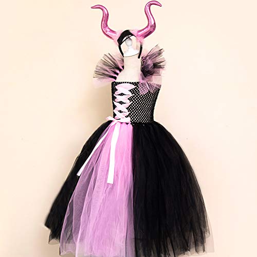 Disfraz maléfica para niña de princesa de fantasía malvada reina, vestido de tul hecho a mano con diadema de cuerno malvado bruja Halloween carnaval Cosplay fiesta, rosa, 4-5 Años