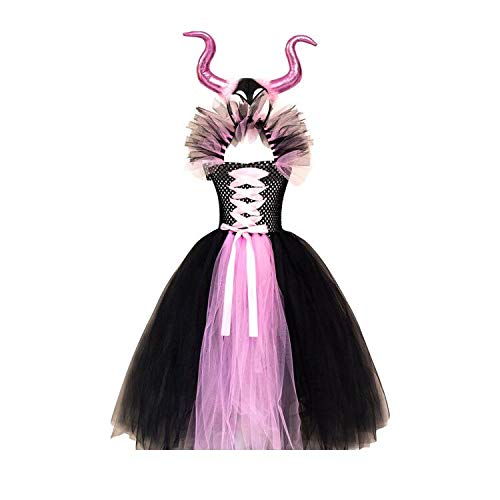 Disfraz maléfica para niña de princesa de fantasía malvada reina, vestido de tul hecho a mano con diadema de cuerno malvado bruja Halloween carnaval Cosplay fiesta, rosa, 4-5 Años