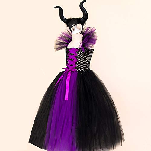 Disfraz maléfico para niños, princesa, disfraz de reina malvada, vestido de tul hecho a mano, con diadema de cuerno, bruja malvada, Halloween, carnaval, cosplay, fiesta, Morado (, 10-12 años