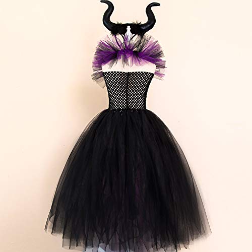 Disfraz maléfico para niños, princesa, disfraz de reina malvada, vestido de tul hecho a mano, con diadema de cuerno, bruja malvada, Halloween, carnaval, cosplay, fiesta, Morado (, 10-12 años