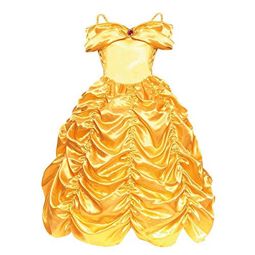 Disfraz Princesa Bella Niña Vestido Dorado 【Talla Infantil 3 a 12 años】[Talla 10-12 años| Traje Cosplay Princesa Fantasía para Fiestas Carnaval Halloween Cumpleaños