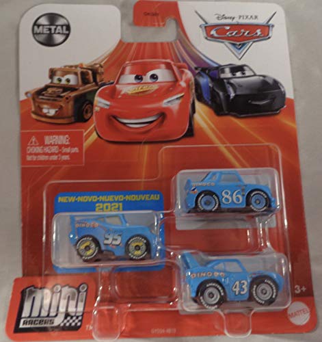 Disney Cars GYD34 Mini Racers de metal, juego de 3 con Bling Bling Bling Lightning McQueen, The King y Dinocco Chick Hicks