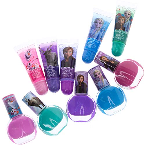 Disney Frozen - Townley Girl De maquillaje cosmético para niñas con pegatinas de uñas para esmalte de uñas con brillo de labios - 11 piezas | Regalo de cumpleaños para niñas a partir de 3 años