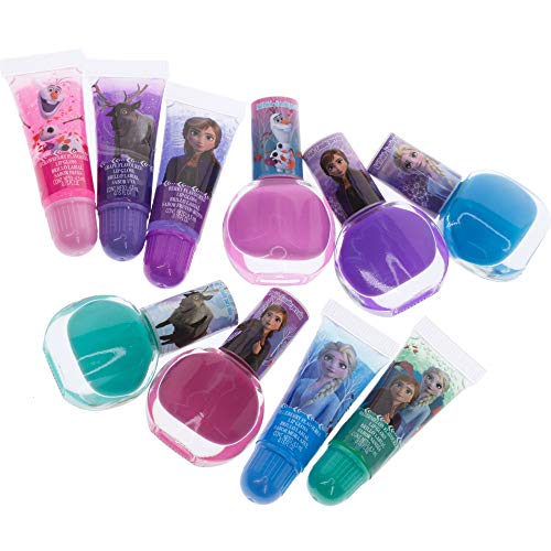 Disney Frozen - Townley Girl De maquillaje cosmético para niñas con pegatinas de uñas para esmalte de uñas con brillo de labios - 11 piezas | Regalo de cumpleaños para niñas a partir de 3 años