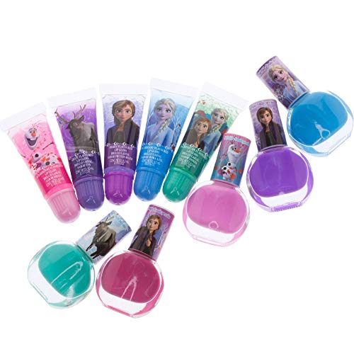 Disney Frozen - Townley Girl De maquillaje cosmético para niñas con pegatinas de uñas para esmalte de uñas con brillo de labios - 11 piezas | Regalo de cumpleaños para niñas a partir de 3 años