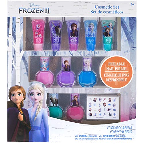 Disney Frozen - Townley Girl De maquillaje cosmético para niñas con pegatinas de uñas para esmalte de uñas con brillo de labios - 11 piezas | Regalo de cumpleaños para niñas a partir de 3 años