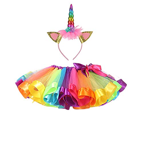 DIXIUZA Disfraz para Niñas Diadema Unicornio Floral con Oreja y Falda Tutú Vestido de Arco Iris Disfraz