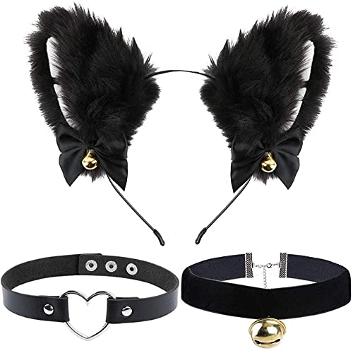 DoDuo Diadema de Oreja de Gato, Kit Disfraz Diadema de Gato Collar Choker Aleación para Mujer Niña Disfraces Fiesta Halloween Cumpleaños Cosplay