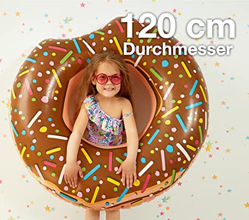 Donut inflable Ø 120 cm con mordida anillo de natación aro flotante colchón de aire cojín de natación marrón, piscina y agua, con 1x portavasos para adultos y niños isla de natación animal flotantema