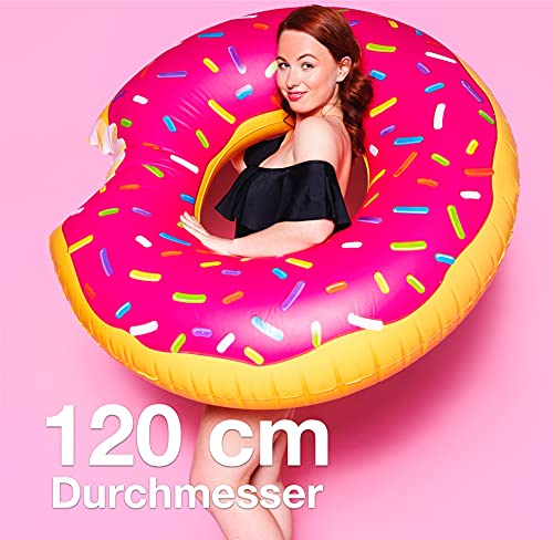 Donut inflable mordido Ø 120 cm Anillo de natación Aro de natación Colchón de aire Cojín de natación para piscina y agua Juguetes acuáticos, con 1x portavasos para niños y adultos rosa