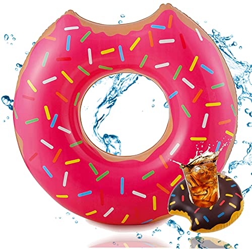 Donut inflable mordido Ø 120 cm Anillo de natación Aro de natación Colchón de aire Cojín de natación para piscina y agua Juguetes acuáticos, con 1x portavasos para niños y adultos rosa