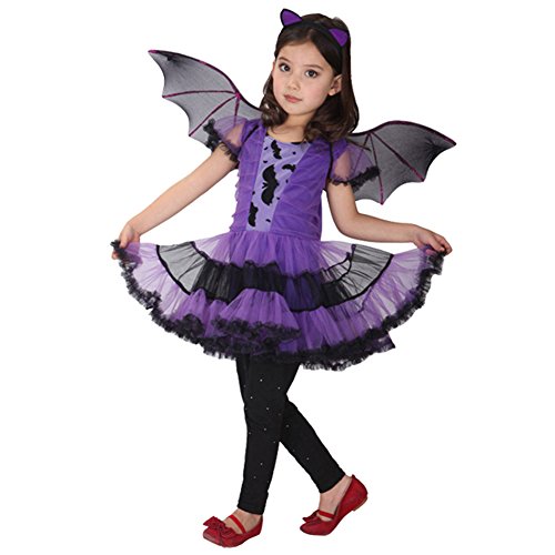 dPois Disfraz Murciélago Vampiresa Gato Bruja Niña Infantil Vestido con Alas Princesa Tutú + Diadema con Orejas Bate Cosplay Costume Halloween Fiesta Carnaval Actuación Morado 4-5 años