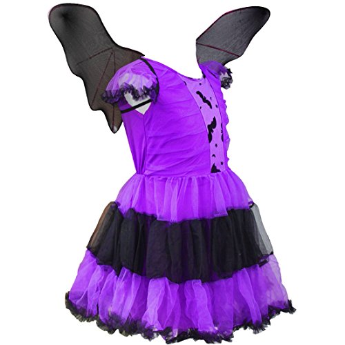 dPois Disfraz Murciélago Vampiresa Gato Bruja Niña Infantil Vestido con Alas Princesa Tutú + Diadema con Orejas Bate Cosplay Costume Halloween Fiesta Carnaval Actuación Morado 4-5 años