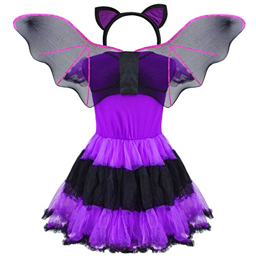 dPois Disfraz Murciélago Vampiresa Gato Bruja Niña Infantil Vestido con Alas Princesa Tutú + Diadema con Orejas Bate Cosplay Costume Halloween Fiesta Carnaval Actuación Morado 4-5 años