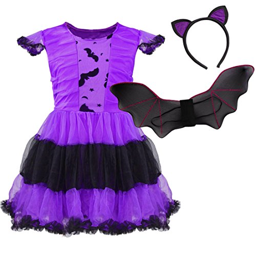 dPois Disfraz Murciélago Vampiresa Gato Bruja Niña Infantil Vestido con Alas Princesa Tutú + Diadema con Orejas Bate Cosplay Costume Halloween Fiesta Carnaval Actuación Morado 4-5 años