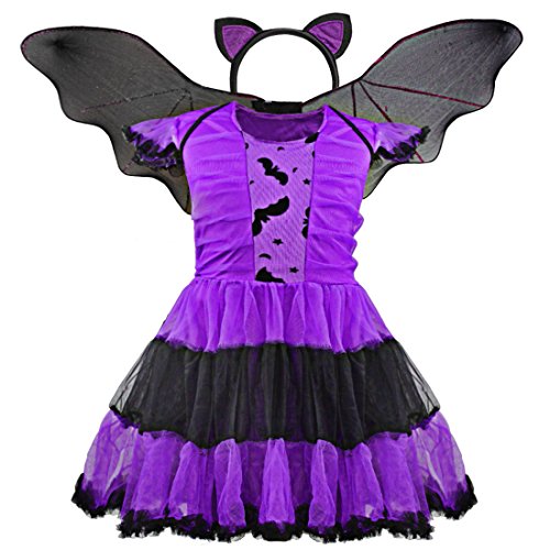 dPois Disfraz Murciélago Vampiresa Gato Bruja Niña Infantil Vestido con Alas Princesa Tutú + Diadema con Orejas Bate Cosplay Costume Halloween Fiesta Carnaval Actuación Morado 4-5 años