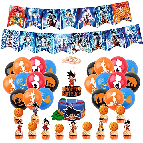 Dragon Ball Cumpleaños Fiesta Decoración Dragon Ball Globos Feliz Cumpleaños del Pancarta Adorno de Tarta para Niños Anime Decoraciones de Cumpleaños