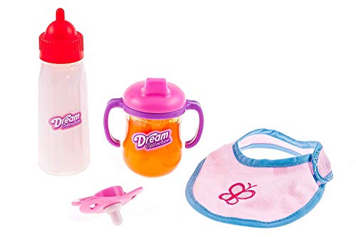 DREAM COLLECTION 4 in 1 Doll feeding time. Magic juice & milk Bib & pacifier