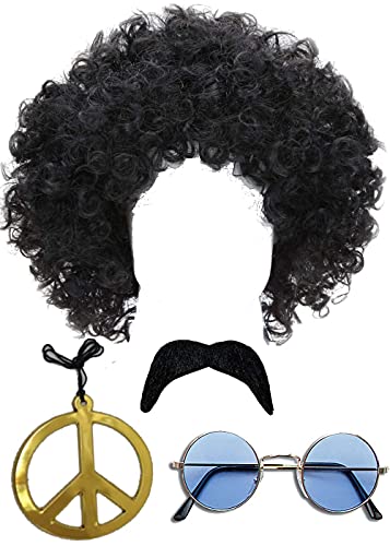 Dreamzfit - Pelucas rizadas afro de los años 70, gafas teñidas azules, collar de señal de paz y bigote falso – fiesta temática payaso funky discoteca hombre señora 70 s accesorios de disfraces