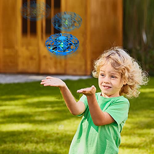 Dron para Niños Mini Drone UFO Flying,Mini Drone UFO para Niños,Drone LED operado a Mano, Flying Ball Juguetes con giratorias y Brillantes de 360 °de Luces LED Sensor de Infrarrojosy (Azul)