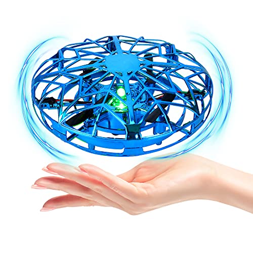 Dron para Niños Mini Drone UFO Flying,Mini Drone UFO para Niños,Drone LED operado a Mano, Flying Ball Juguetes con giratorias y Brillantes de 360 °de Luces LED Sensor de Infrarrojosy (Azul)