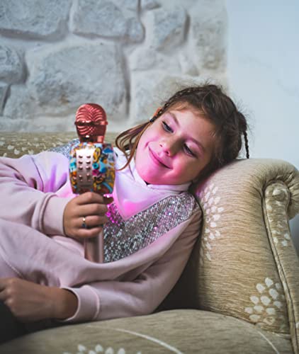 DYNASONIC Micrófono Karaoke Bluetooth, Juguetes para niños y niña Microfono Inalámbrico Karaoke Portátil con Luces LED para Niños, Regalos Originales niños (DM-05 Rosa)