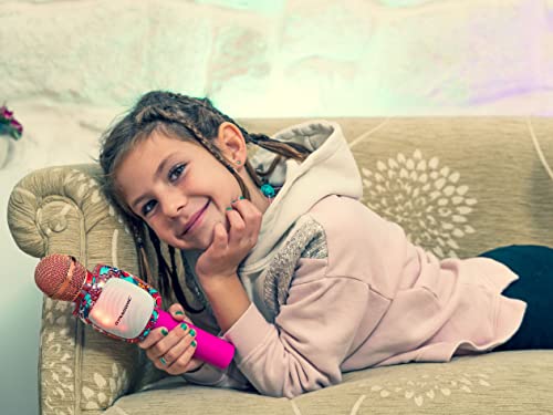 DYNASONIC Micrófono Karaoke Bluetooth, Juguetes para niños y niña Microfono Inalámbrico Karaoke Portátil con Luces LED para Niños, Regalos Originales niños (DM-05 Rosa)