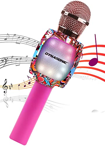 DYNASONIC Micrófono Karaoke Bluetooth, Juguetes para niños y niña Microfono Inalámbrico Karaoke Portátil con Luces LED para Niños, Regalos Originales niños (DM-05 Rosa)