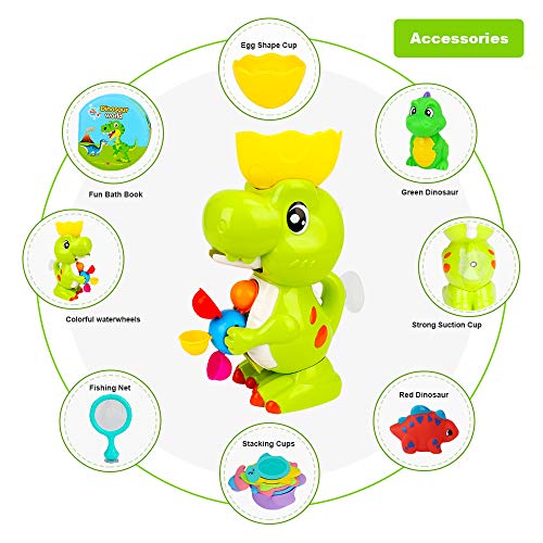 E-More Juguetes de baño para niños Divertidos Juguetes de baño de Dinosaurios Juego Educativo de Juguetes de baño para bebés con Red de Pesca Pequeños Dinosaurios Lindos Libros de baño Taza de Pila