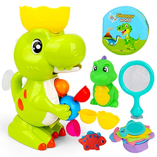 E-More Juguetes de baño para niños Divertidos Juguetes de baño de Dinosaurios Juego Educativo de Juguetes de baño para bebés con Red de Pesca Pequeños Dinosaurios Lindos Libros de baño Taza de Pila