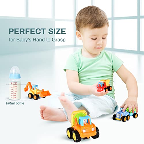 EastSun Early Education 1 Year Olds Baby Toy Push and Go Friction Powered Car Toys Sets of 4 Tractor, Bulldozer, Mixer Truck and Dumper for Children & Kids Boys and Girls