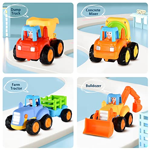 EastSun Early Education 1 Year Olds Baby Toy Push and Go Friction Powered Car Toys Sets of 4 Tractor, Bulldozer, Mixer Truck and Dumper for Children & Kids Boys and Girls