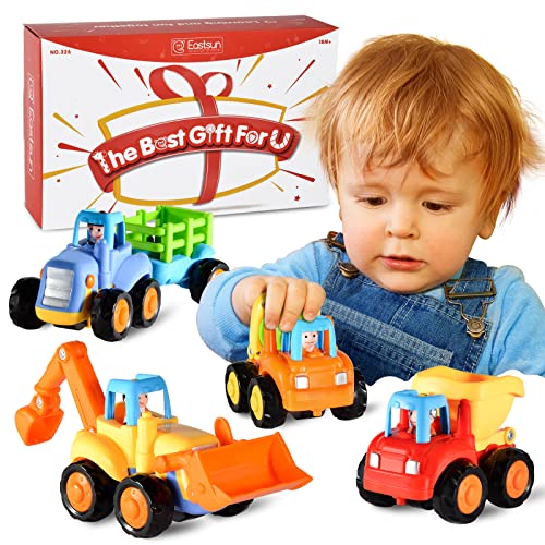 EastSun Early Education 1 Year Olds Baby Toy Push and Go Friction Powered Car Toys Sets of 4 Tractor, Bulldozer, Mixer Truck and Dumper for Children & Kids Boys and Girls