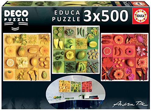 Educa Borras - Serie Deco, 3 puzzles de 500 piezas, Exotic fruits ans flowers, Andrea Tilk (18454)