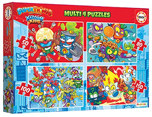 Educa Superthings. Set de 4 Puzzles progresivos Infantiles de 50 a 150 Piezas. A Partir de 5 años. 19206, Multicolor