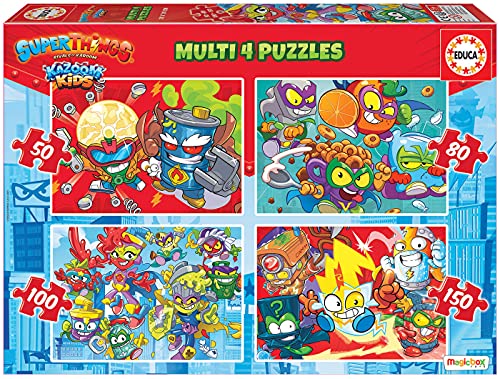 Educa Superthings. Set de 4 Puzzles progresivos Infantiles de 50 a 150 Piezas. A Partir de 5 años. 19206, Multicolor