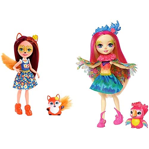 Enchantimals Felicity Fox Y Flick, Muñeca con Mascota (Mattel Fxm71) + Peeki Parrot, Muñeca, Multicolor (Mattel Fjj21)